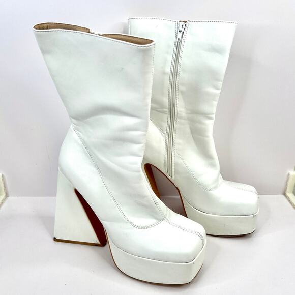 Pretty Little Thing White Platform Boots Size 7 Chunky Heels Square Toe Zip - Picture 4 of 15